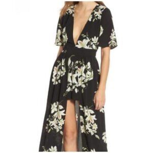 Floral Plunge V-Neck Black Maxi Dress